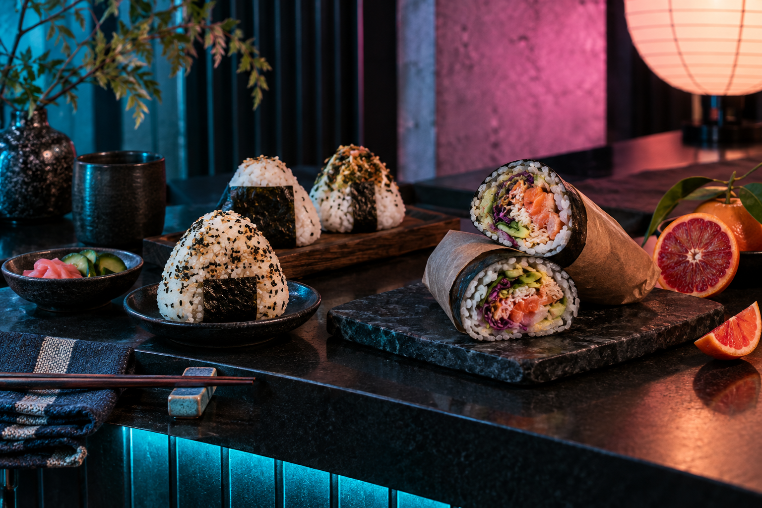Illustrative rice balls and sliced sushi burrito on a dark cafe counter; not a photograph of JuJu food.